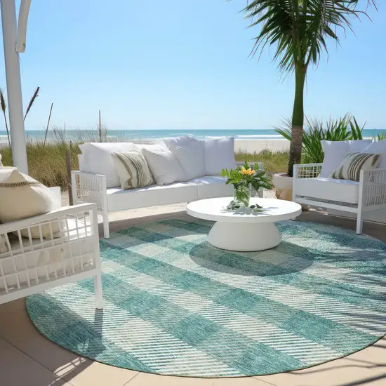 8' Teal Blue And Ivory Round Plaid Washable Indoor Outdoor Area Rug Photo 6