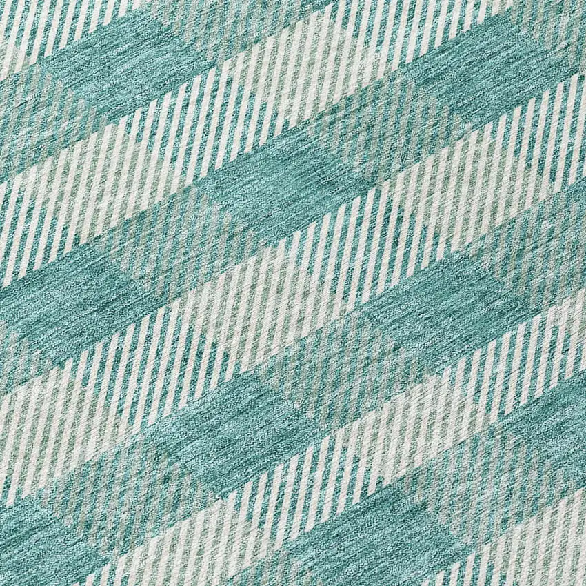 8' Teal Blue And Ivory Round Plaid Washable Indoor Outdoor Area Rug Photo 8