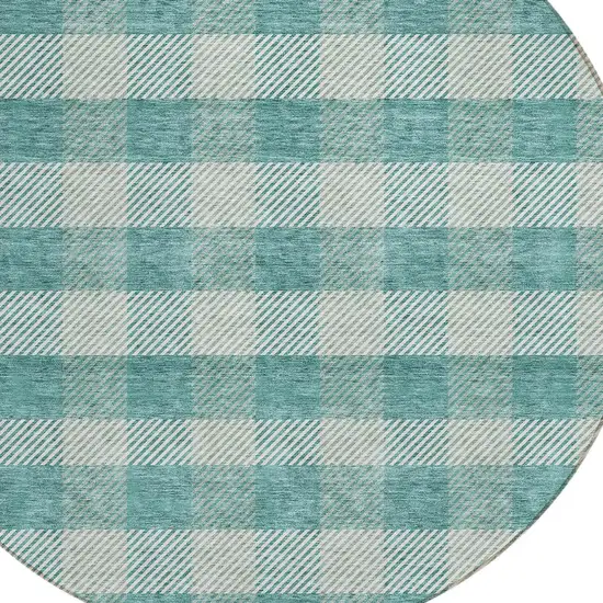 8' Teal Blue And Ivory Round Plaid Washable Indoor Outdoor Area Rug Photo 4