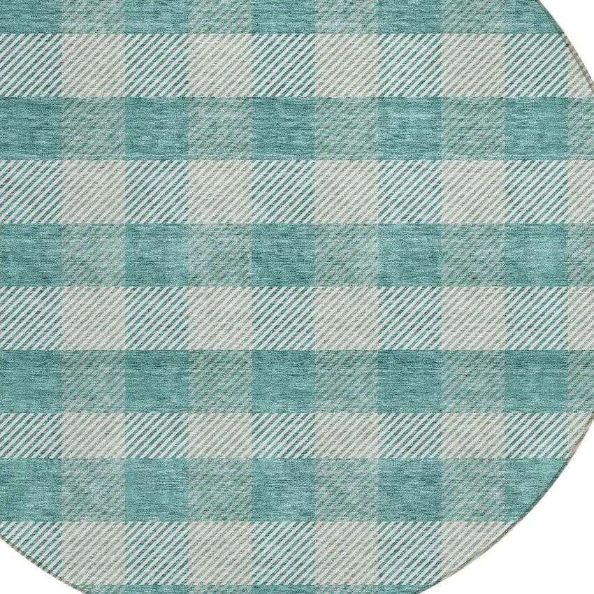 8' Teal Blue And Ivory Round Plaid Washable Indoor Outdoor Area Rug Photo 4