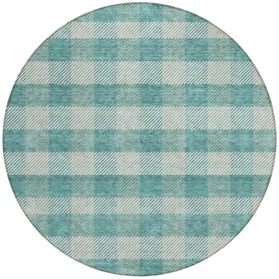 8' Teal Blue And Ivory Round Plaid Washable Indoor Outdoor Area Rug Photo 5