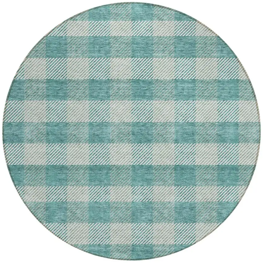 8' Teal Blue And Ivory Round Plaid Washable Indoor Outdoor Area Rug Photo 5