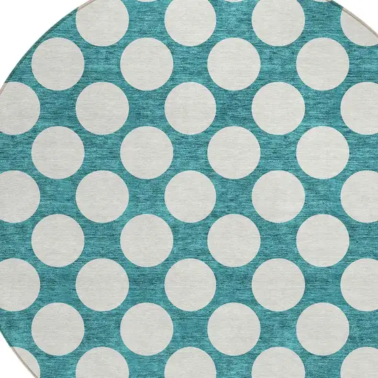 8' Teal Blue And Ivory Round Polka Dot Washable Indoor Outdoor Area Rug Photo 4