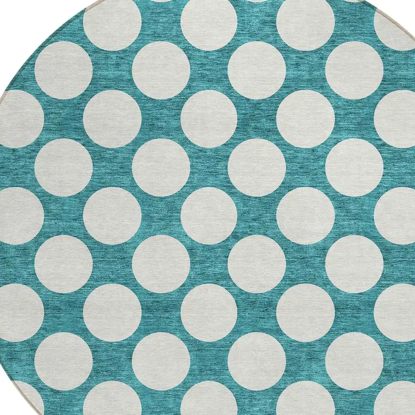 8' Teal Blue And Ivory Round Polka Dot Washable Indoor Outdoor Area Rug Photo 4