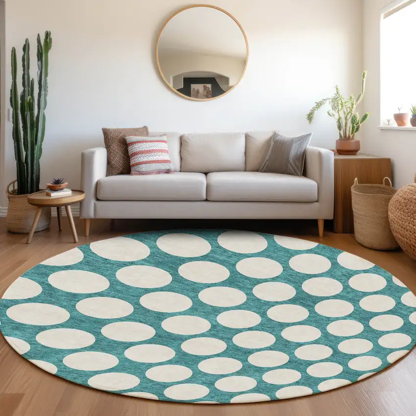8' Teal Blue And Ivory Round Polka Dot Washable Indoor Outdoor Area Rug Photo 7