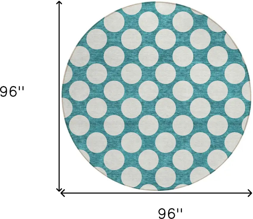 8' Teal Blue And Ivory Round Polka Dot Washable Indoor Outdoor Area Rug Photo 3