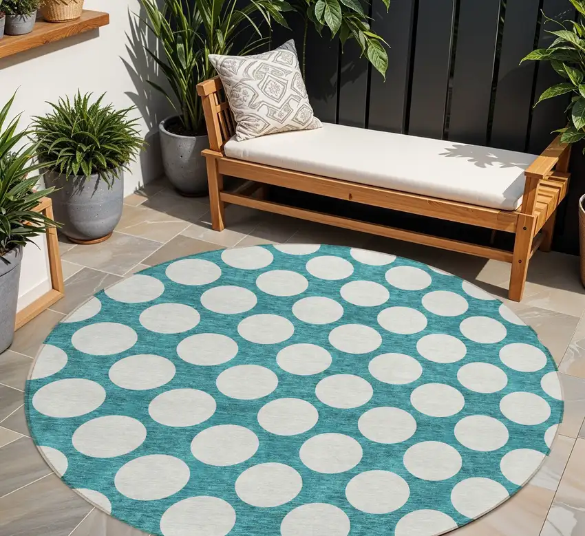 8' Teal Blue And Ivory Round Polka Dot Washable Indoor Outdoor Area Rug Photo 1