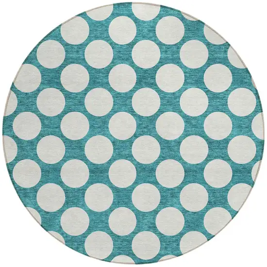 8' Teal Blue And Ivory Round Polka Dot Washable Indoor Outdoor Area Rug Photo 5