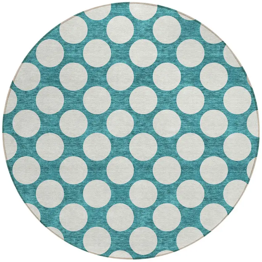 8' Teal Blue And Ivory Round Polka Dot Washable Indoor Outdoor Area Rug Photo 5