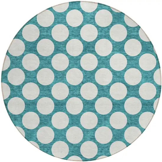 8' Teal Blue And Ivory Round Polka Dot Washable Indoor Outdoor Area Rug Photo 2