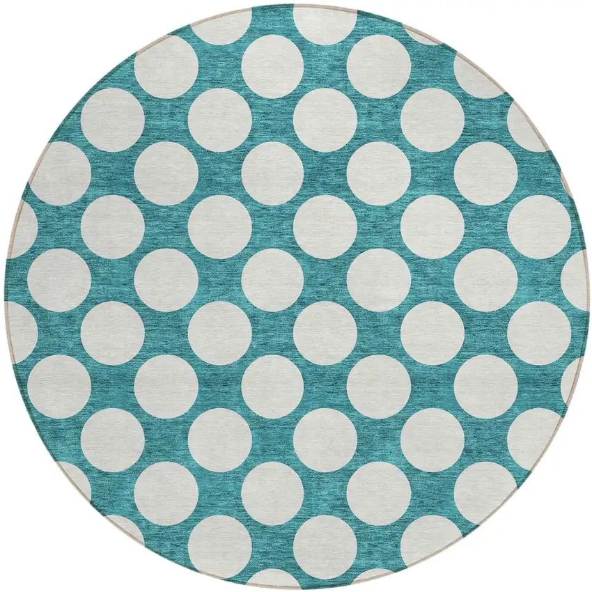 8' Teal Blue And Ivory Round Polka Dot Washable Indoor Outdoor Area Rug Photo 2