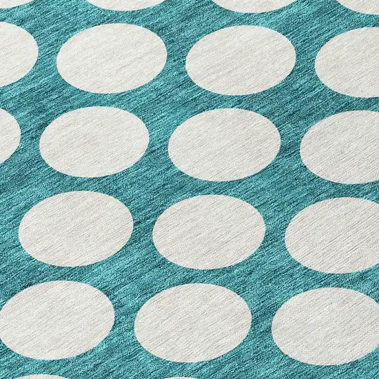 8' Teal Blue And Ivory Round Polka Dot Washable Indoor Outdoor Area Rug Photo 8