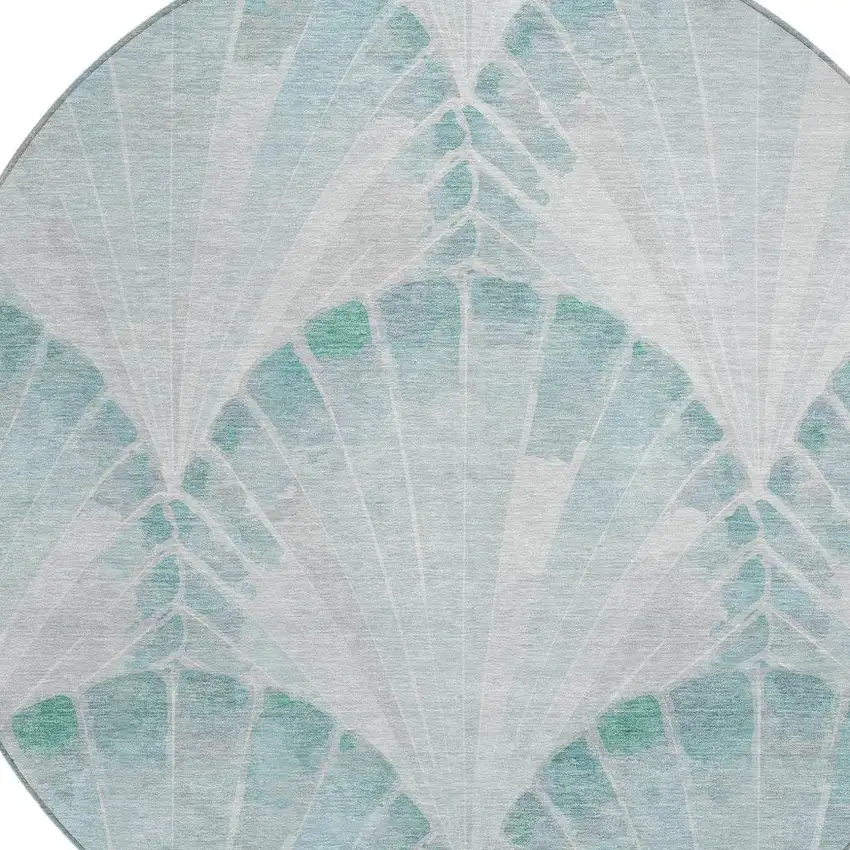 8' Teal Blue And Ivory Round Seashell Washable Indoor Outdoor Area Rug Photo 2