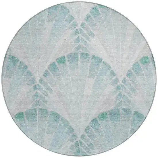 8' Teal Blue And Ivory Round Seashell Washable Indoor Outdoor Area Rug Photo 3