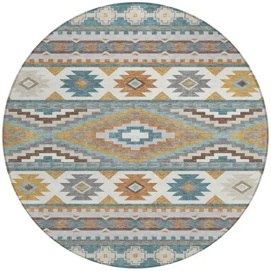 8' Teal Blue And Ivory Round Southwestern Washable Indoor Outdoor Area Rug Photo 3
