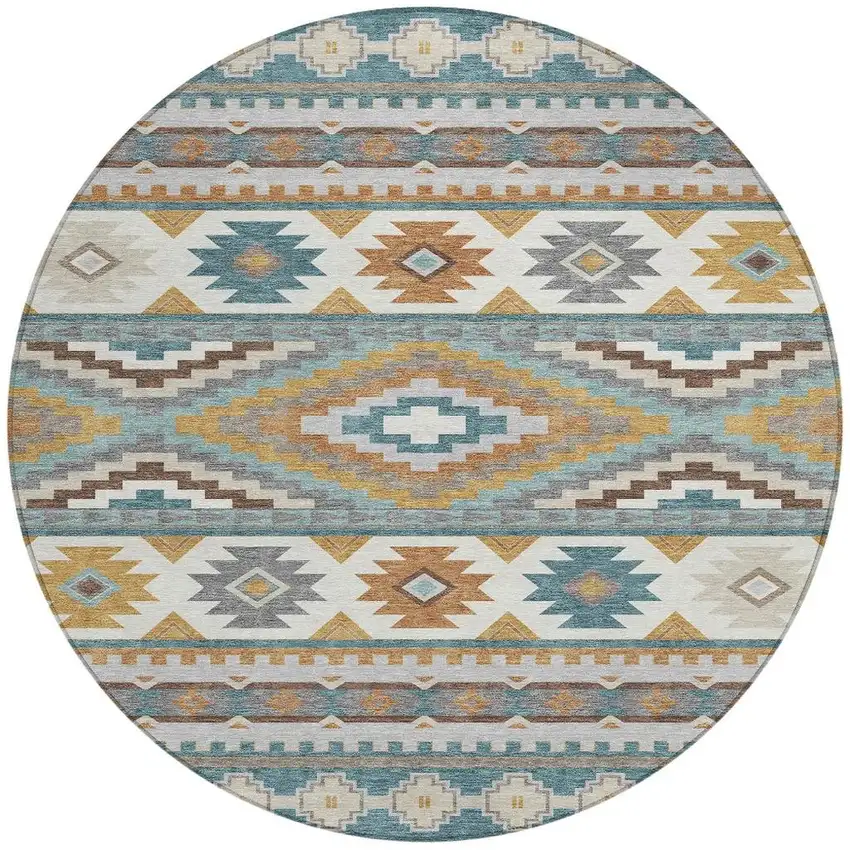 8' Teal Blue And Ivory Round Southwestern Washable Indoor Outdoor Area Rug Photo 3
