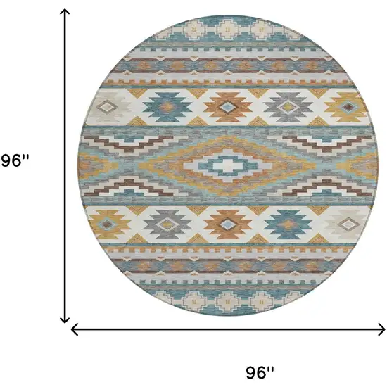 8' Teal Blue And Ivory Round Southwestern Washable Indoor Outdoor Area Rug Photo 8