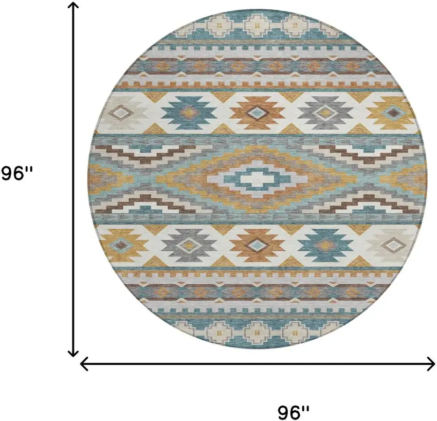 8' Teal Blue And Ivory Round Southwestern Washable Indoor Outdoor Area Rug Photo 8