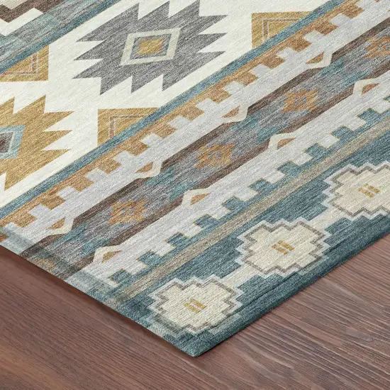 8' Teal Blue And Ivory Round Southwestern Washable Indoor Outdoor Area Rug Photo 6
