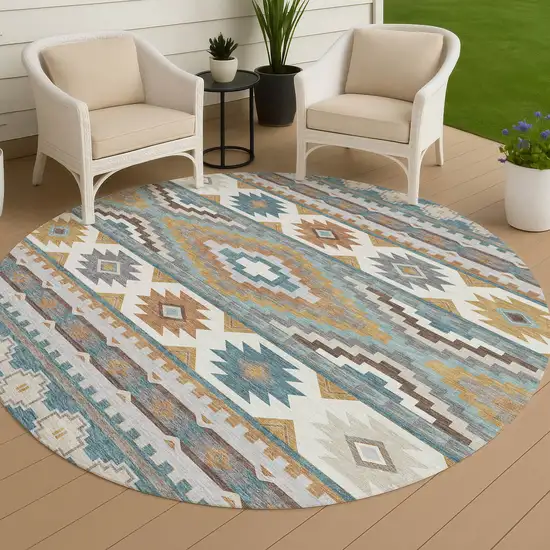8' Teal Blue And Ivory Round Southwestern Washable Indoor Outdoor Area Rug Photo 4