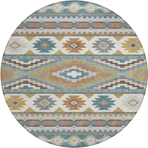 Photo of 8' Teal Blue And Ivory Round Southwestern Washable Indoor Outdoor Area Rug
