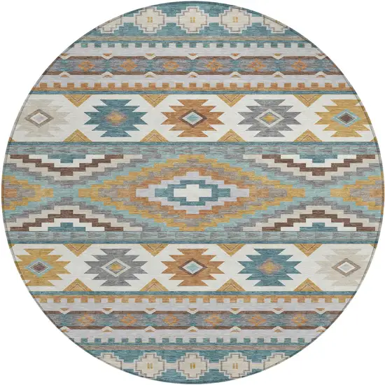 8' Teal Blue And Ivory Round Southwestern Washable Indoor Outdoor Area Rug Photo 1