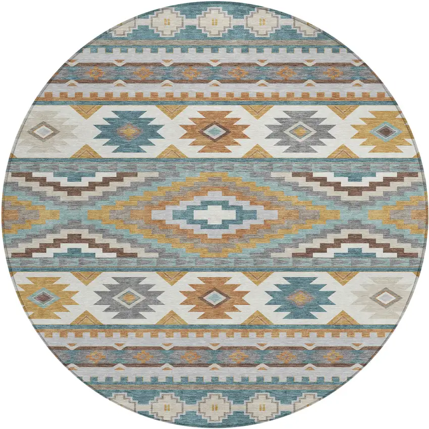 8' Teal Blue And Ivory Round Southwestern Washable Indoor Outdoor Area Rug Photo 1