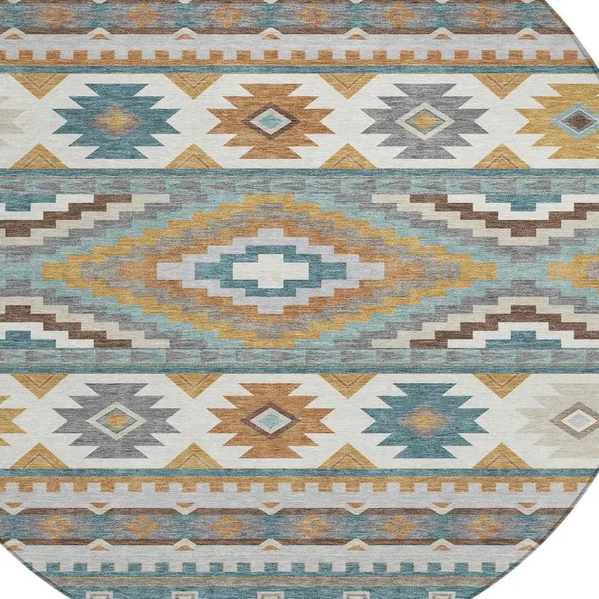 8' Teal Blue And Ivory Round Southwestern Washable Indoor Outdoor Area Rug Photo 2