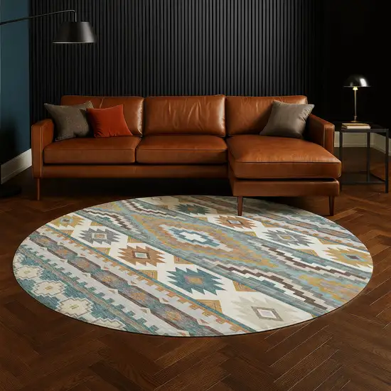 8' Teal Blue And Ivory Round Southwestern Washable Indoor Outdoor Area Rug Photo 5