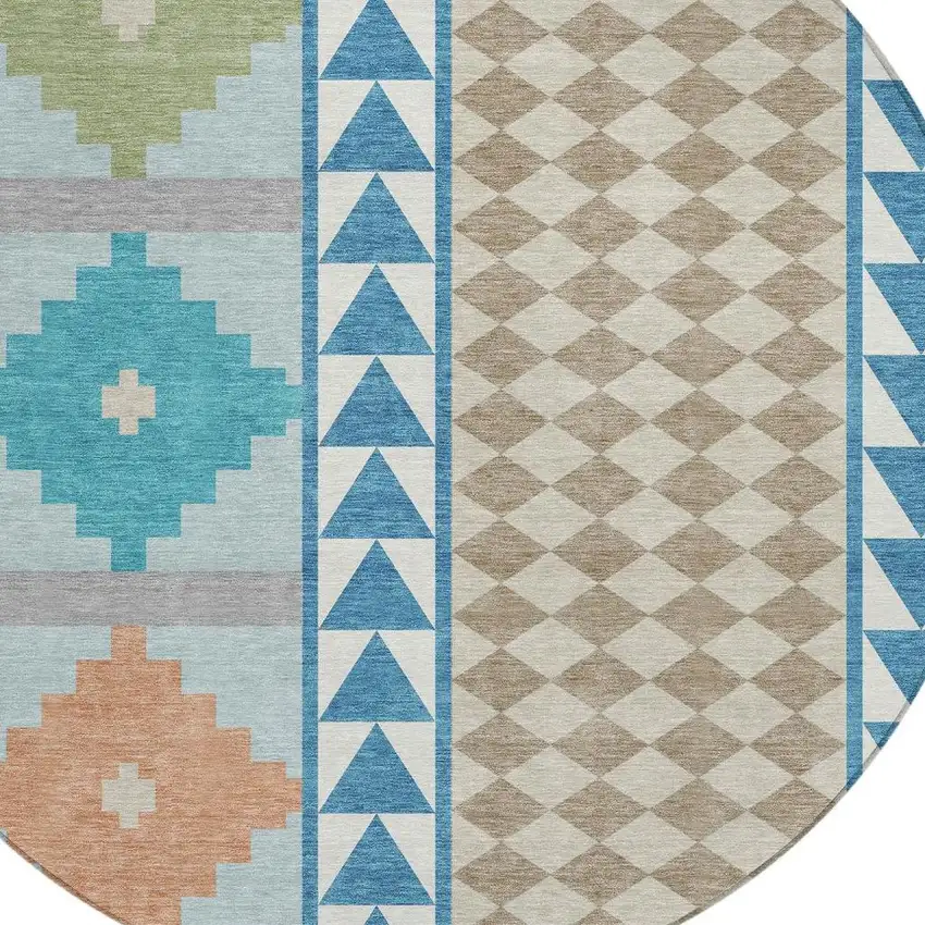 8' Teal Blue And Ivory Round Southwestern Washable Indoor Outdoor Area Rug Photo 3