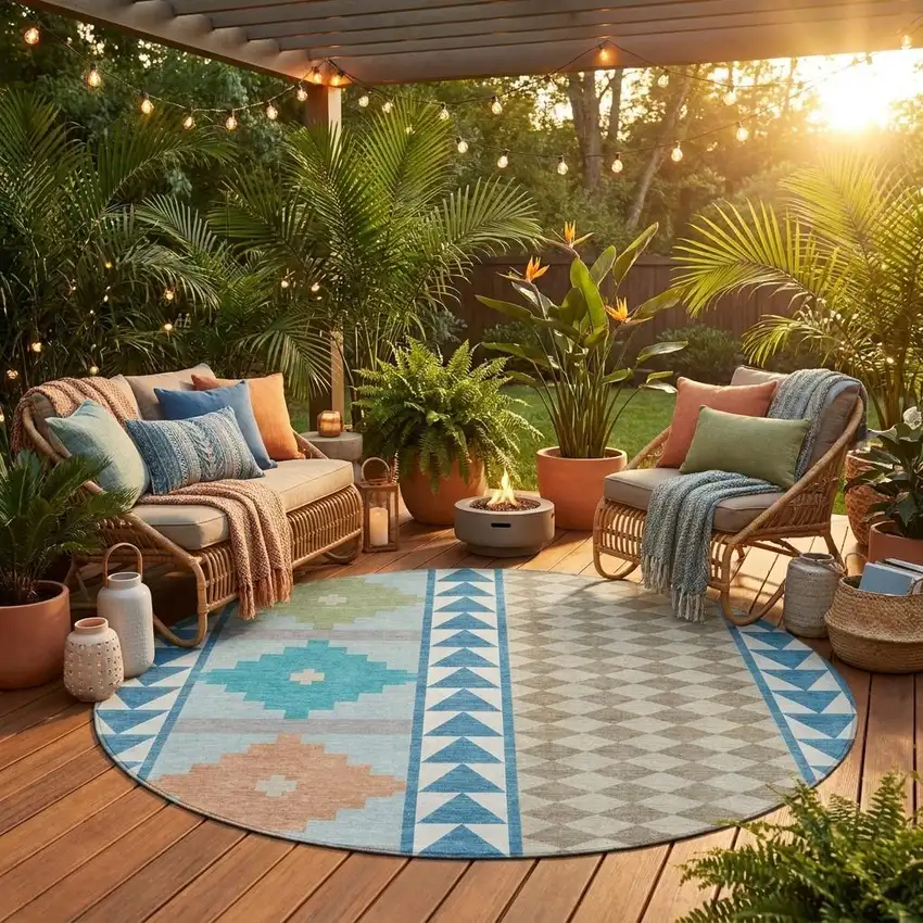 8' Teal Blue And Ivory Round Southwestern Washable Indoor Outdoor Area Rug Photo 1