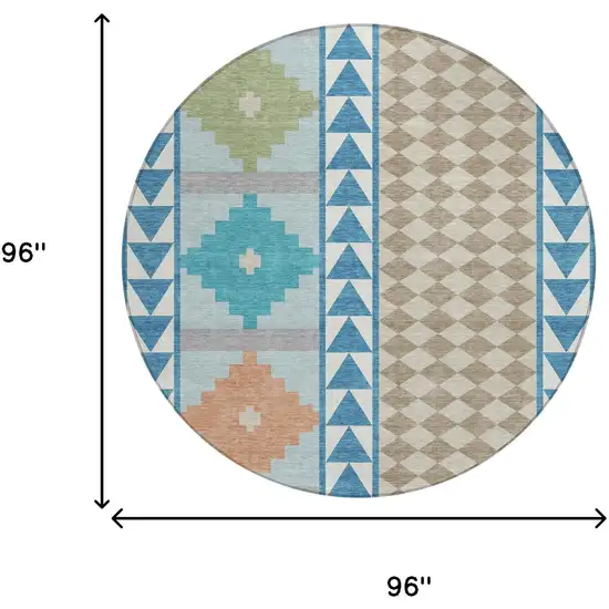 8' Teal Blue And Ivory Round Southwestern Washable Indoor Outdoor Area Rug Photo 7