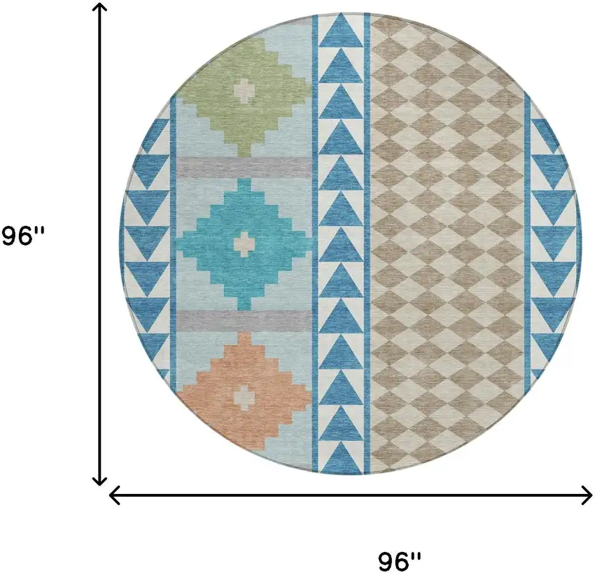 8' Teal Blue And Ivory Round Southwestern Washable Indoor Outdoor Area Rug Photo 7