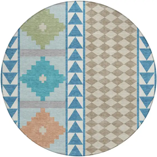 8' Teal Blue And Ivory Round Southwestern Washable Indoor Outdoor Area Rug Photo 2