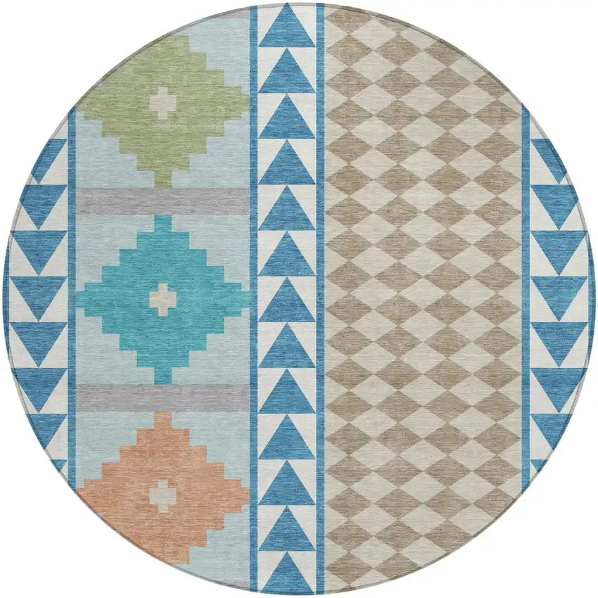 8' Teal Blue And Ivory Round Southwestern Washable Indoor Outdoor Area Rug Photo 2