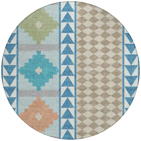 8' Teal Blue And Ivory Round Southwestern Washable Indoor Outdoor Area Rug Photo 4