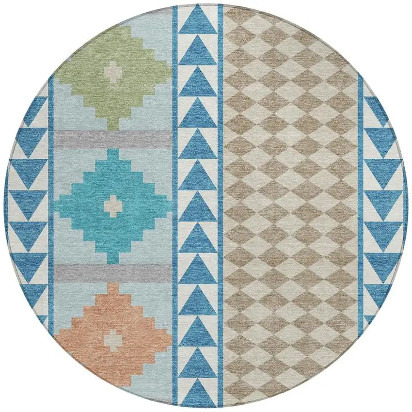 8' Teal Blue And Ivory Round Southwestern Washable Indoor Outdoor Area Rug Photo 4
