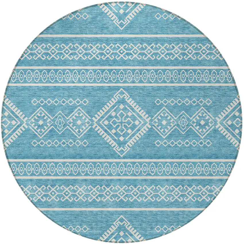 8' Teal Blue And Ivory Round Southwestern Washable Indoor Outdoor Area Rug Photo 6