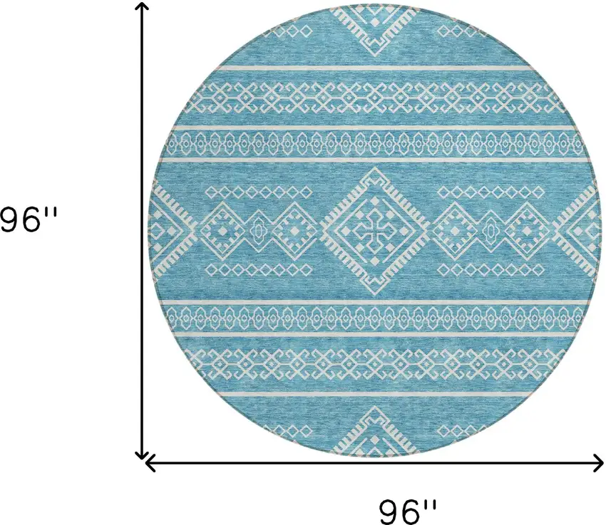 8' Teal Blue And Ivory Round Southwestern Washable Indoor Outdoor Area Rug Photo 3