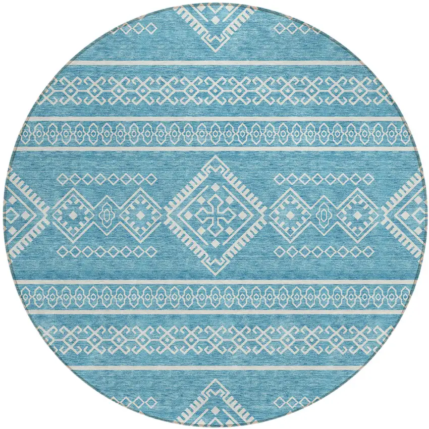 8' Teal Blue And Ivory Round Southwestern Washable Indoor Outdoor Area Rug Photo 2