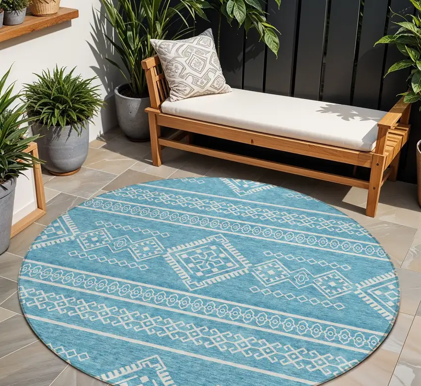 8' Teal Blue And Ivory Round Southwestern Washable Indoor Outdoor Area Rug Photo 1