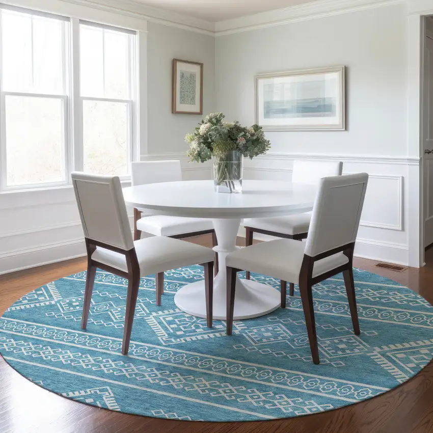 8' Teal Blue And Ivory Round Southwestern Washable Indoor Outdoor Area Rug Photo 8