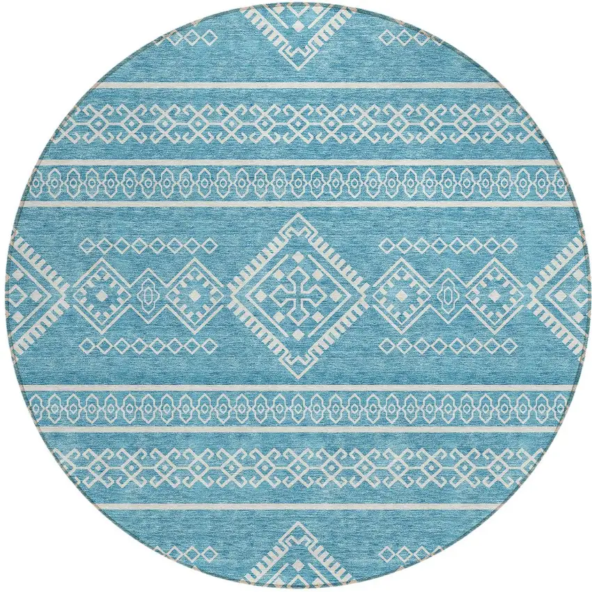 8' Teal Blue And Ivory Round Southwestern Washable Indoor Outdoor Area Rug Photo 5