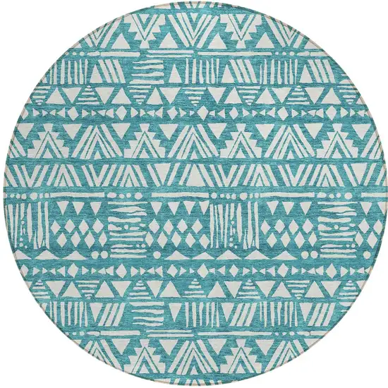 8' Teal Blue And Ivory Round Southwestern Washable Indoor Outdoor Area Rug Photo 5