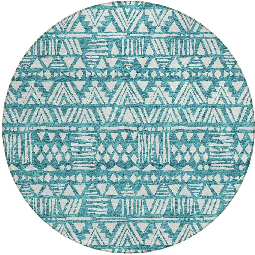 8' Teal Blue And Ivory Round Southwestern Washable Indoor Outdoor Area Rug Photo 5