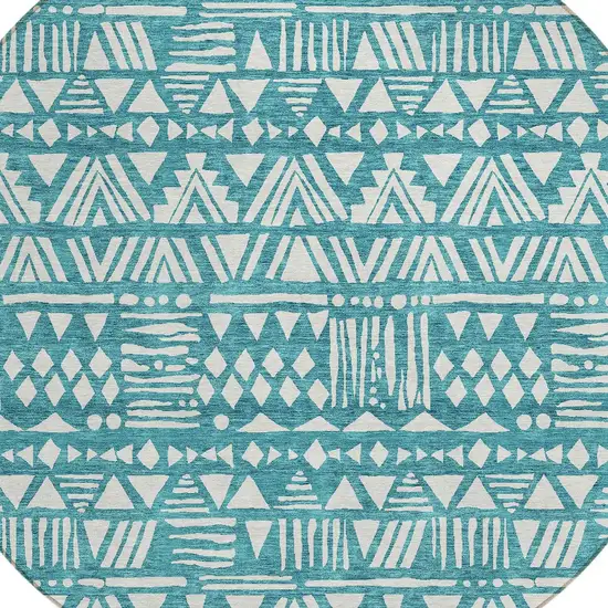 8' Teal Blue And Ivory Round Southwestern Washable Indoor Outdoor Area Rug Photo 4