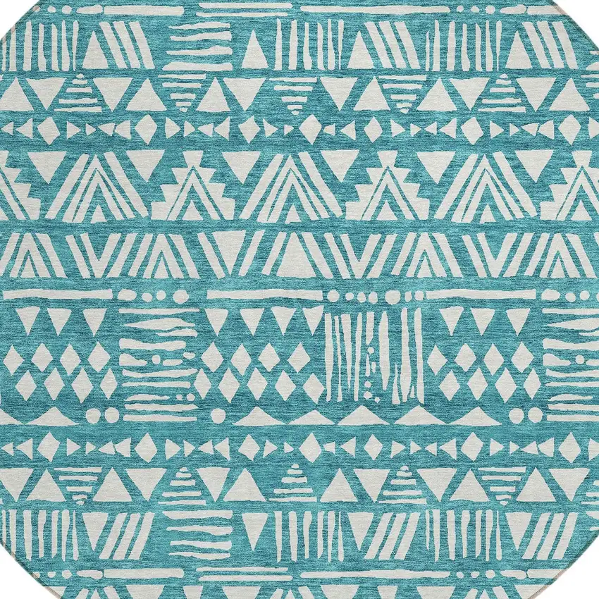8' Teal Blue And Ivory Round Southwestern Washable Indoor Outdoor Area Rug Photo 4