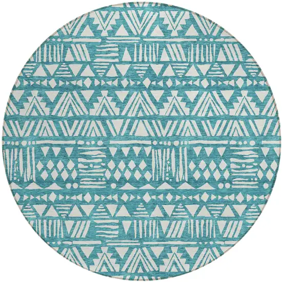 8' Teal Blue And Ivory Round Southwestern Washable Indoor Outdoor Area Rug Photo 2