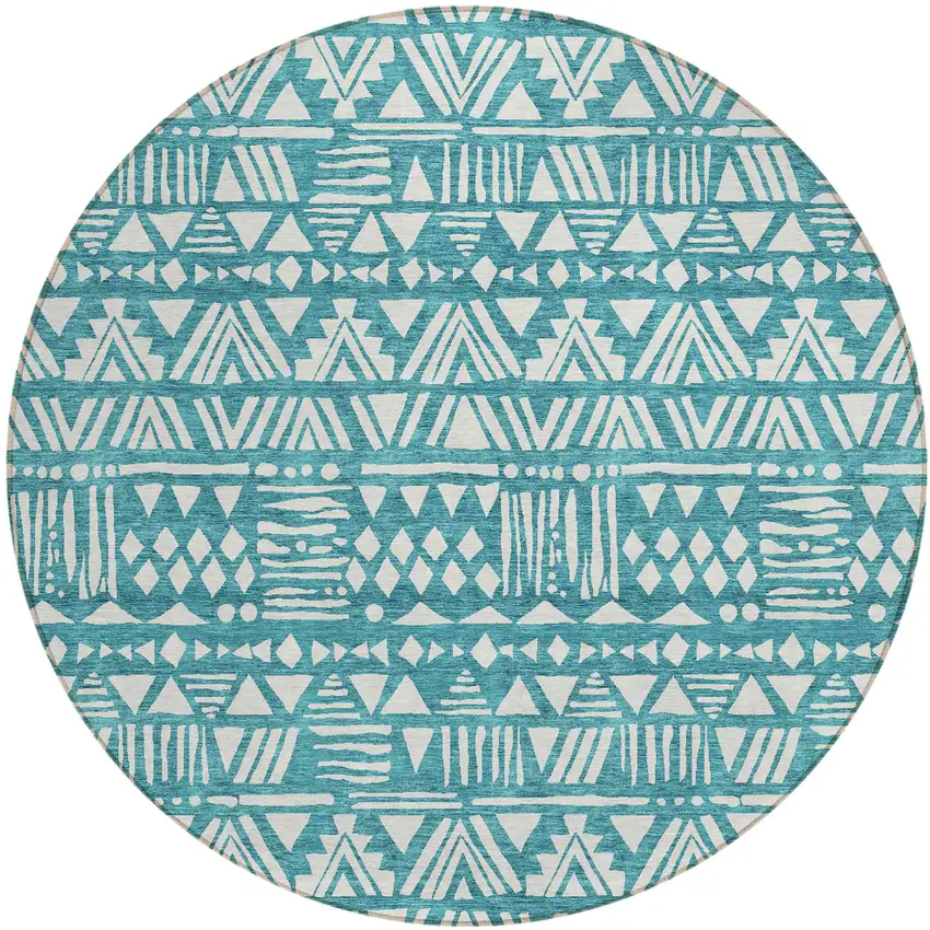 8' Teal Blue And Ivory Round Southwestern Washable Indoor Outdoor Area Rug Photo 2
