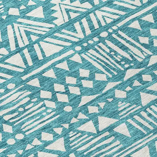 8' Teal Blue And Ivory Round Southwestern Washable Indoor Outdoor Area Rug Photo 8